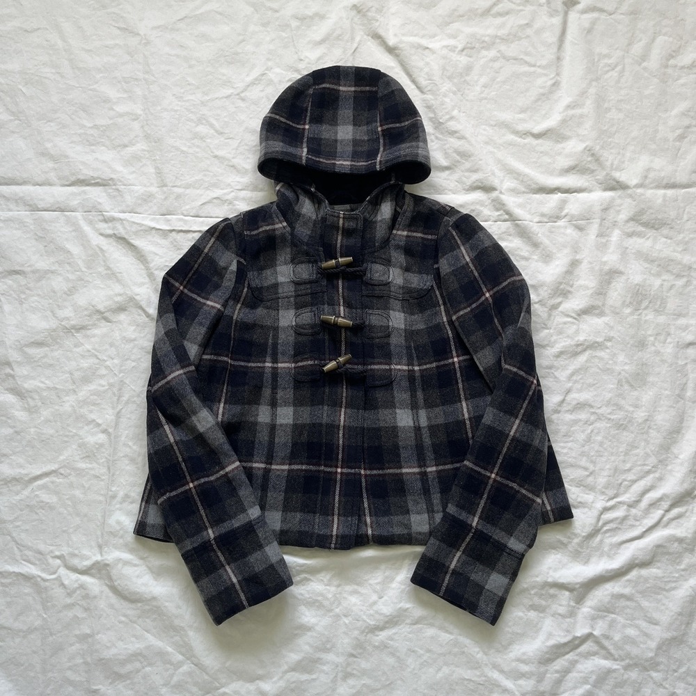 Abercrombie and Fitch Plaid Wool Pea Coat Hood Babydoll Size Medium Y2K Bella